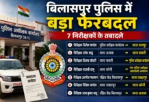 बिलासपुर पुलिस में बड़ा फेरबदल, 7 निरीक्षकों के तबादले, कई थानों को मिले नए प्रभारी yuvachoupalnews.com